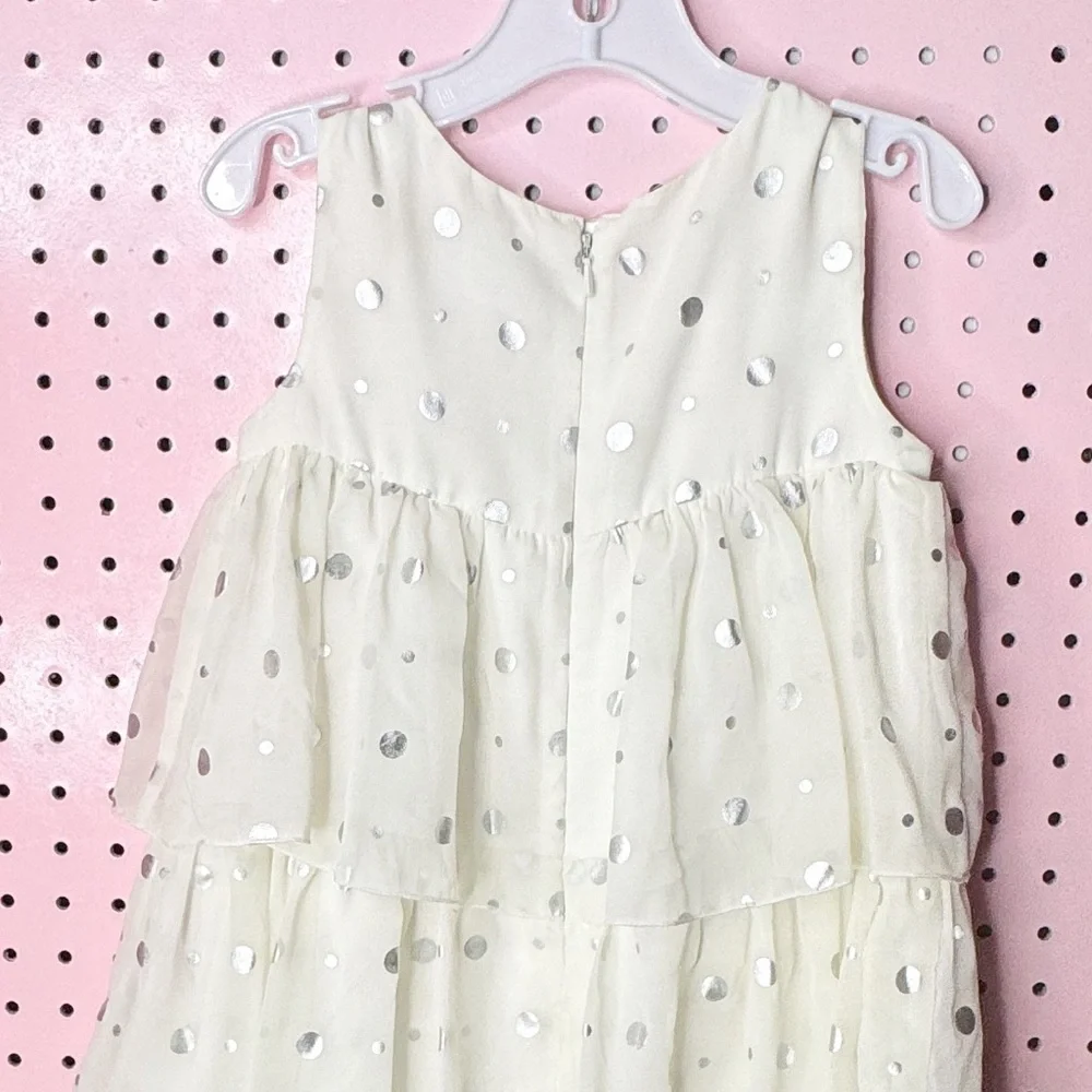 Old Navy Ivory Silver Polka Dot Tiered Ruffle Dress Girls 5T Holiday Party